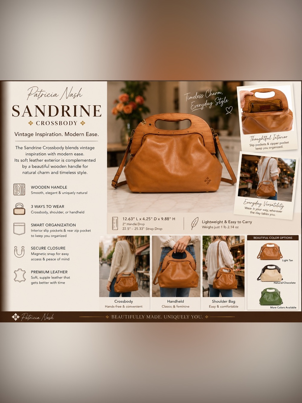 Parker Cognac Leather Shoulder Bag with Wooden Top Handle